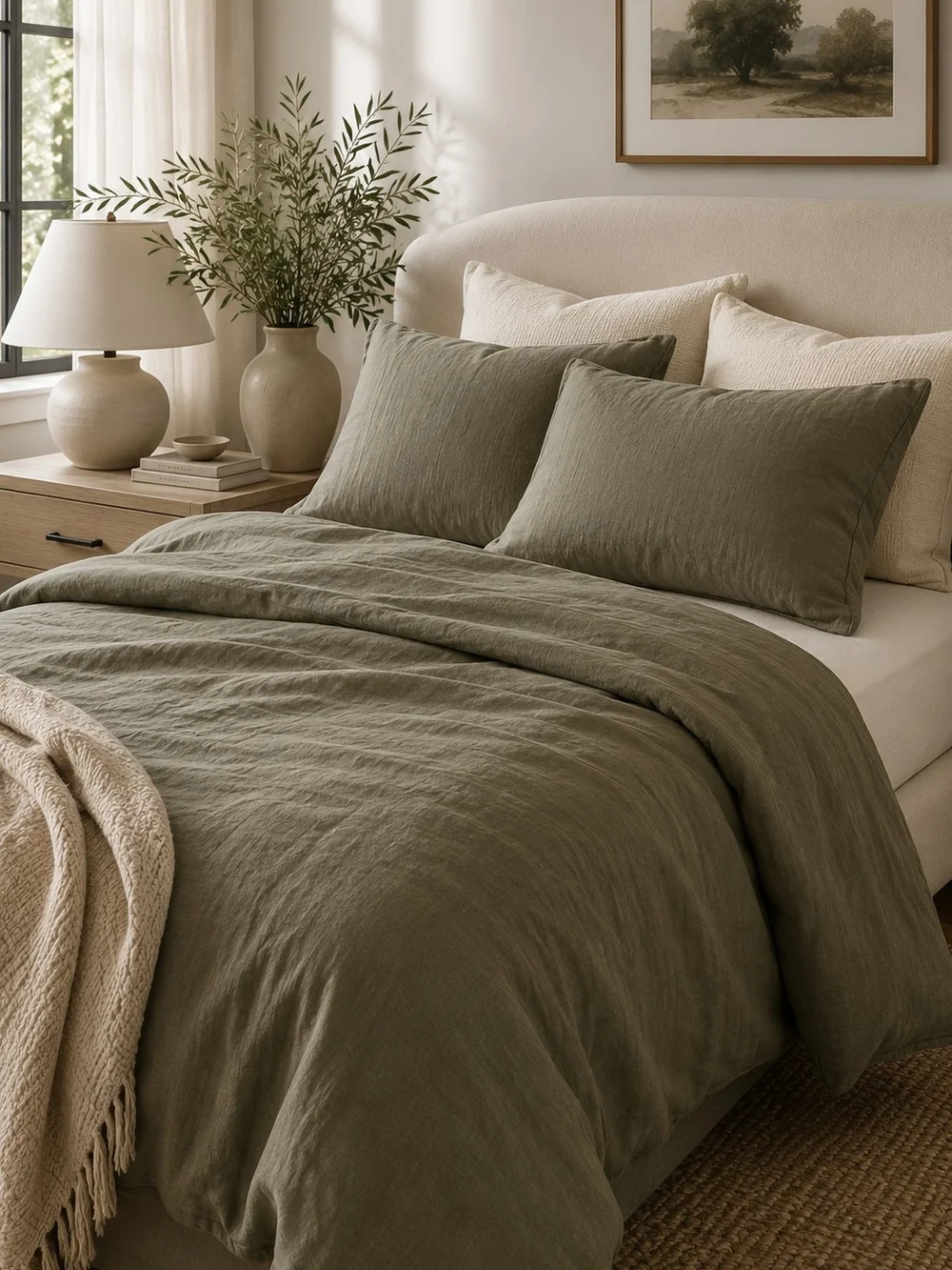 Olive Green Linen Duvet Cover Set
